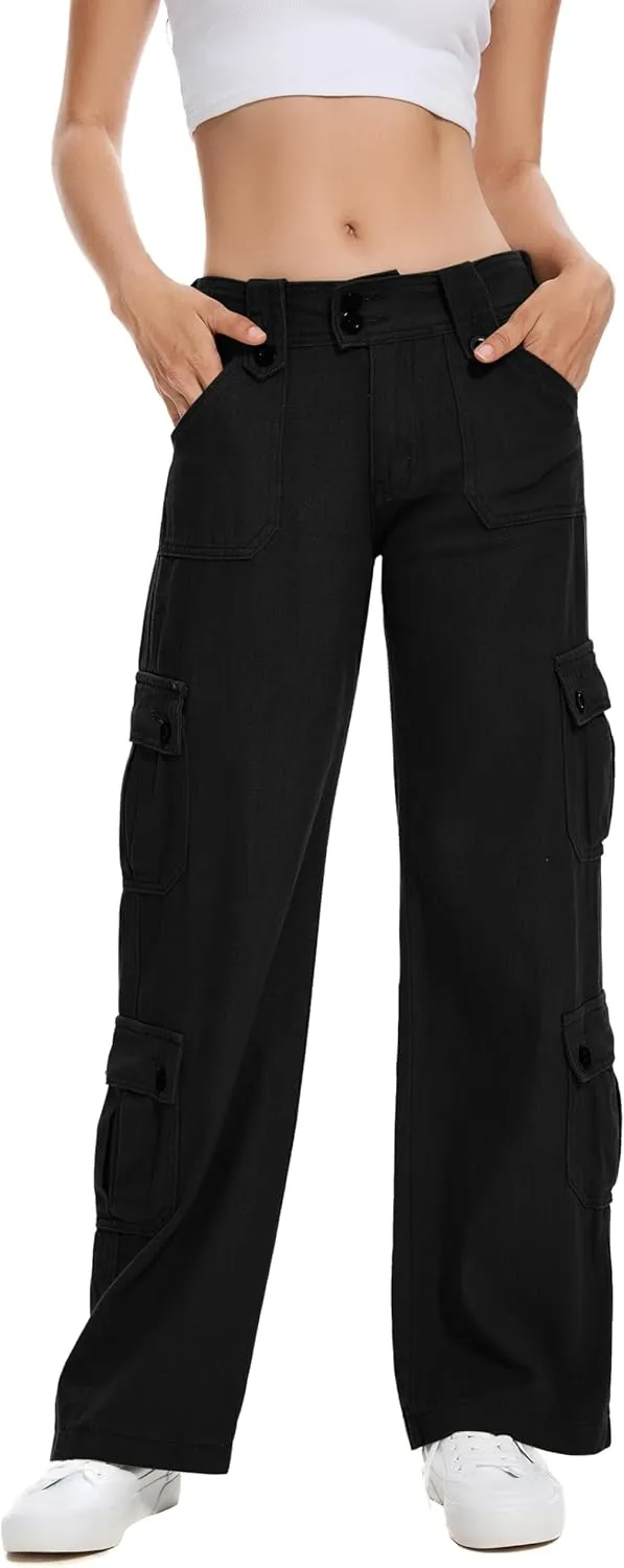 Womens Y2k Baggy Cargo Jeans Low Rise Wide Waist Straight Leg Vintage Grunge Jeans with Flap Pocket