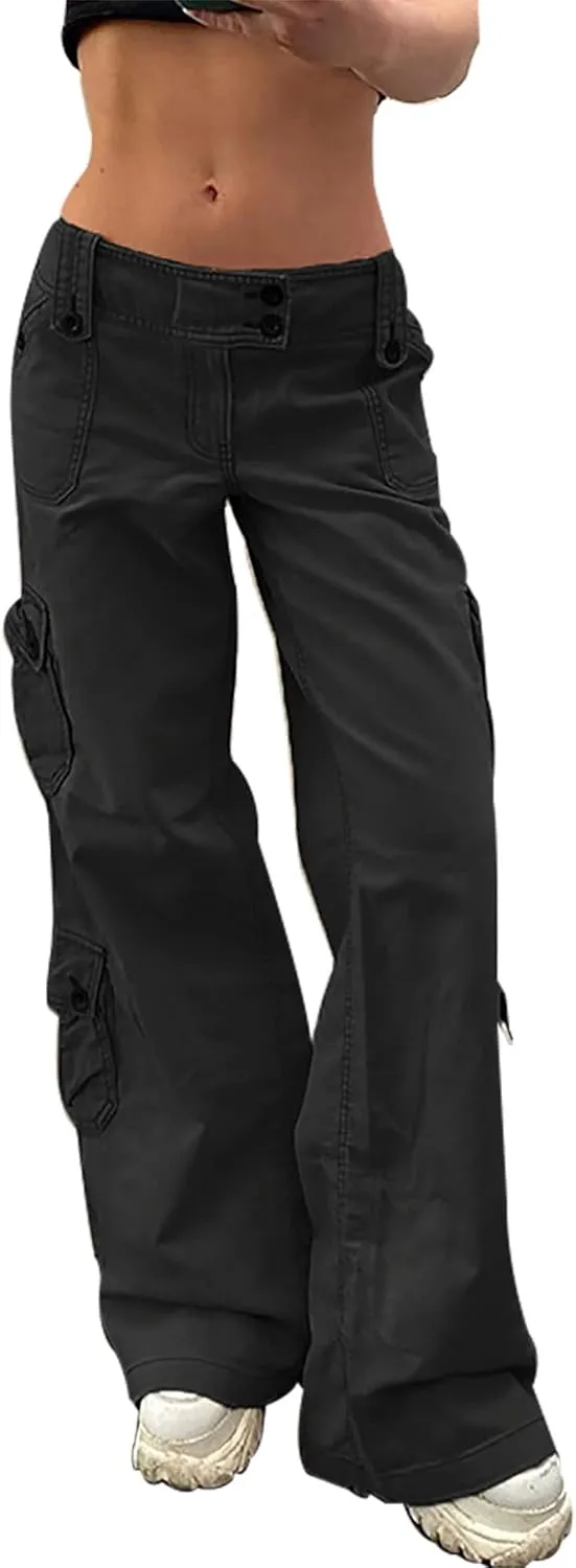 Womens Y2k Baggy Cargo Jeans Low Rise Wide Waist Straight Leg Vintage Grunge Jeans with Flap Pocket