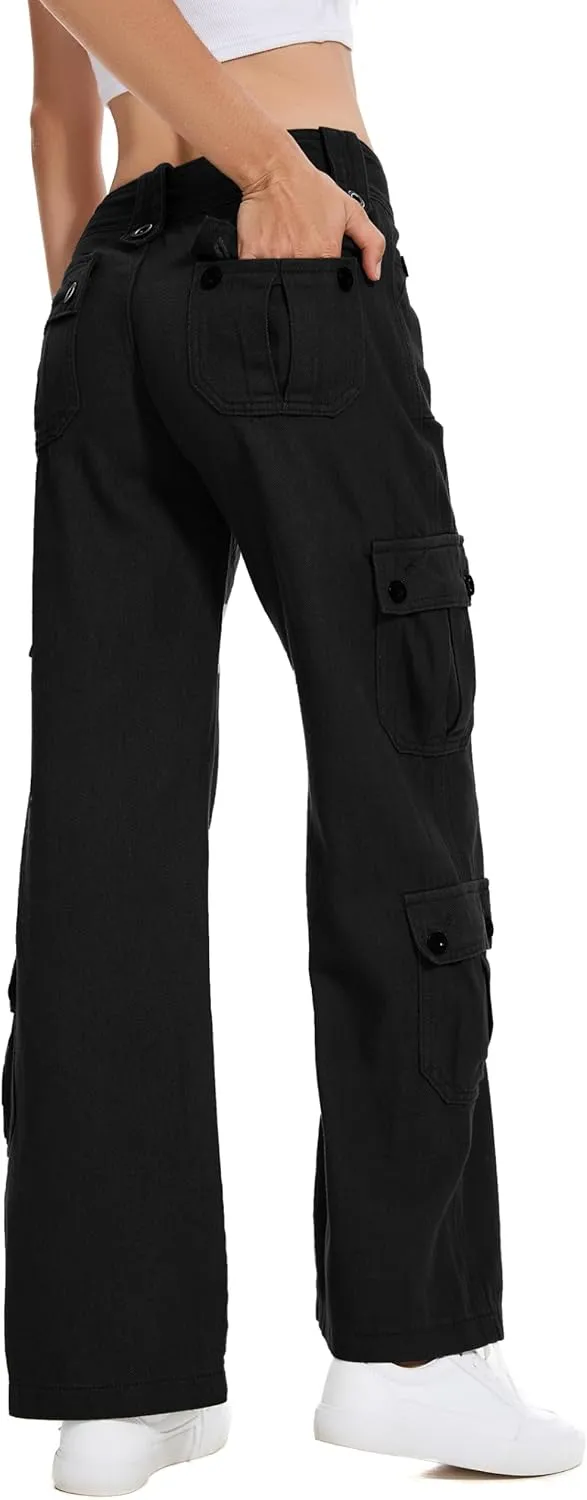 Womens Y2k Baggy Cargo Jeans Low Rise Wide Waist Straight Leg Vintage Grunge Jeans with Flap Pocket