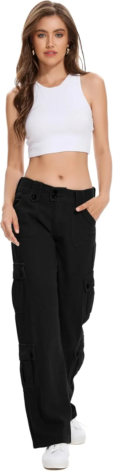 Womens Y2k Baggy Cargo Jeans Low Rise Wide Waist Straight Leg Vintage Grunge Jeans with Flap Pocket