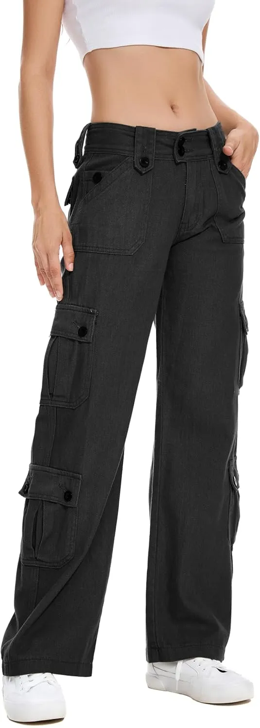 Womens Y2k Baggy Cargo Jeans Low Rise Wide Waist Straight Leg Vintage Grunge Jeans with Flap Pocket