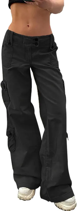 Womens Y2k Baggy Cargo Jeans Low Rise Wide Waist Straight Leg Vintage Grunge Jeans with Flap Pocket