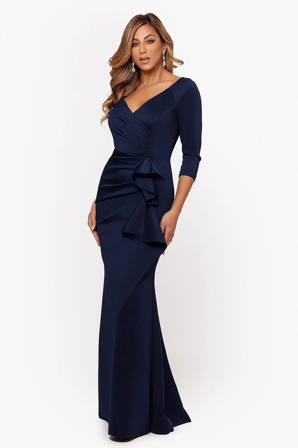 Xscape Women's Long 3/4 Sleeve V-Neck Side Ruched Gown (Reg and Petite)