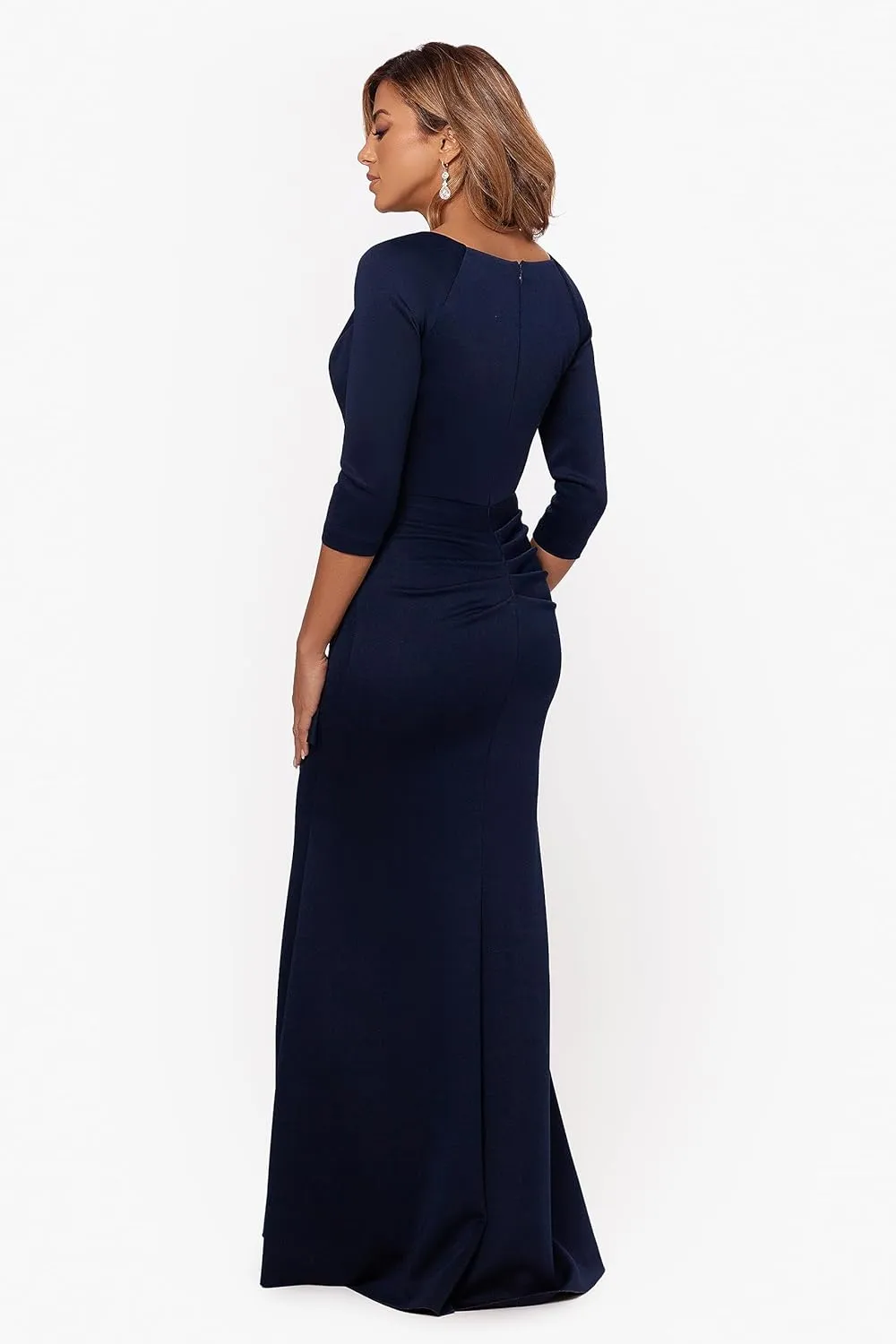 Xscape Women's Long 3/4 Sleeve V-Neck Side Ruched Gown (Reg and Petite)