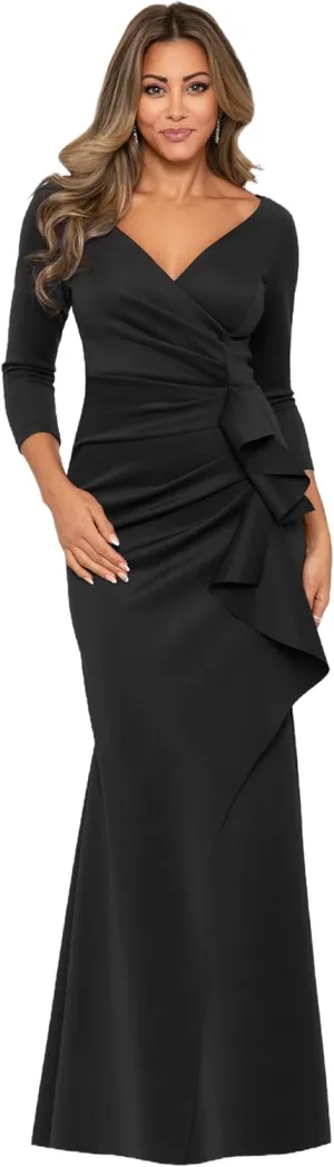 Xscape Women's Long 3/4 Sleeve V-Neck Side Ruched Gown (Reg and Petite)