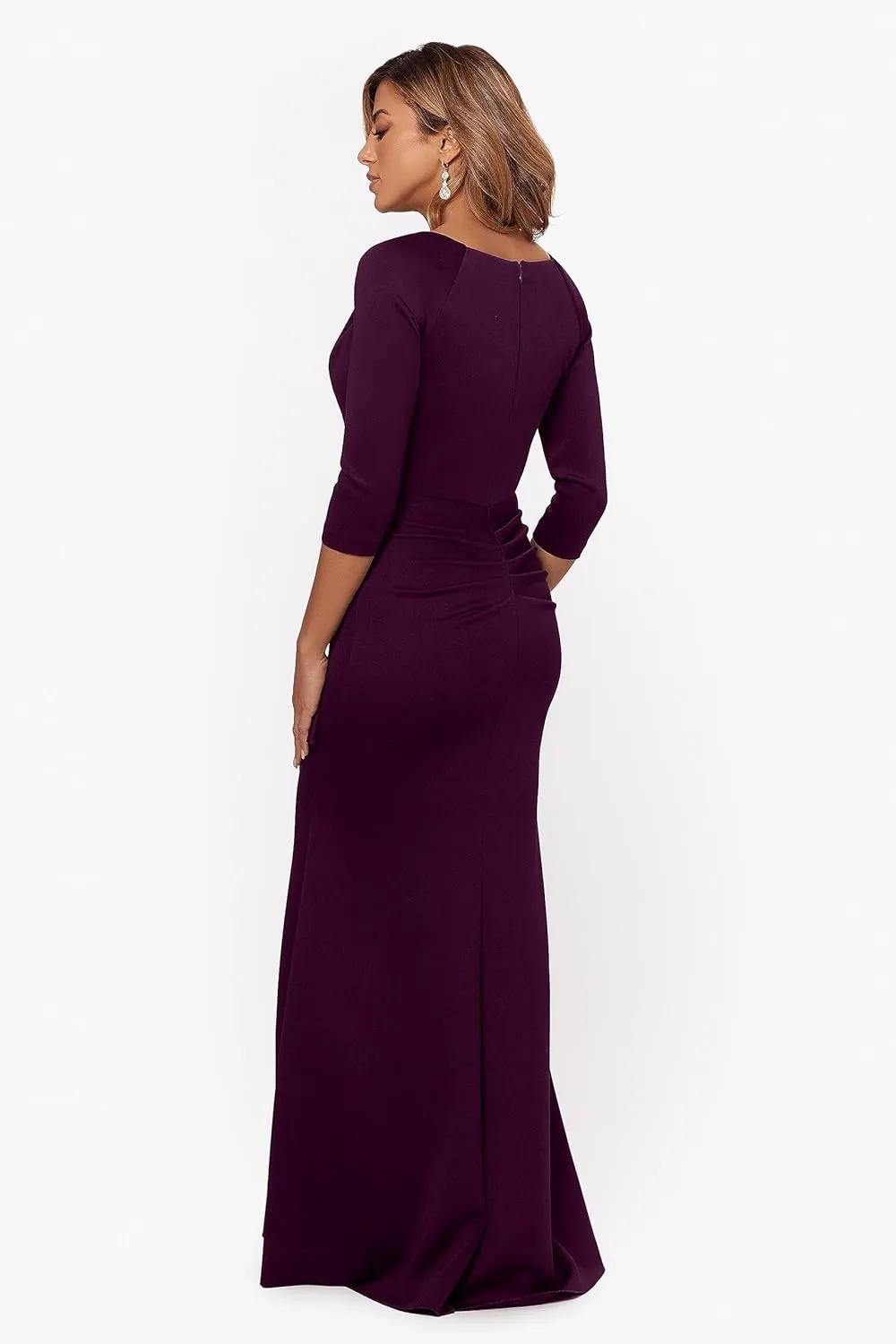 Xscape Women's Long 3/4 Sleeve V-Neck Side Ruched Gown (Reg and Petite)