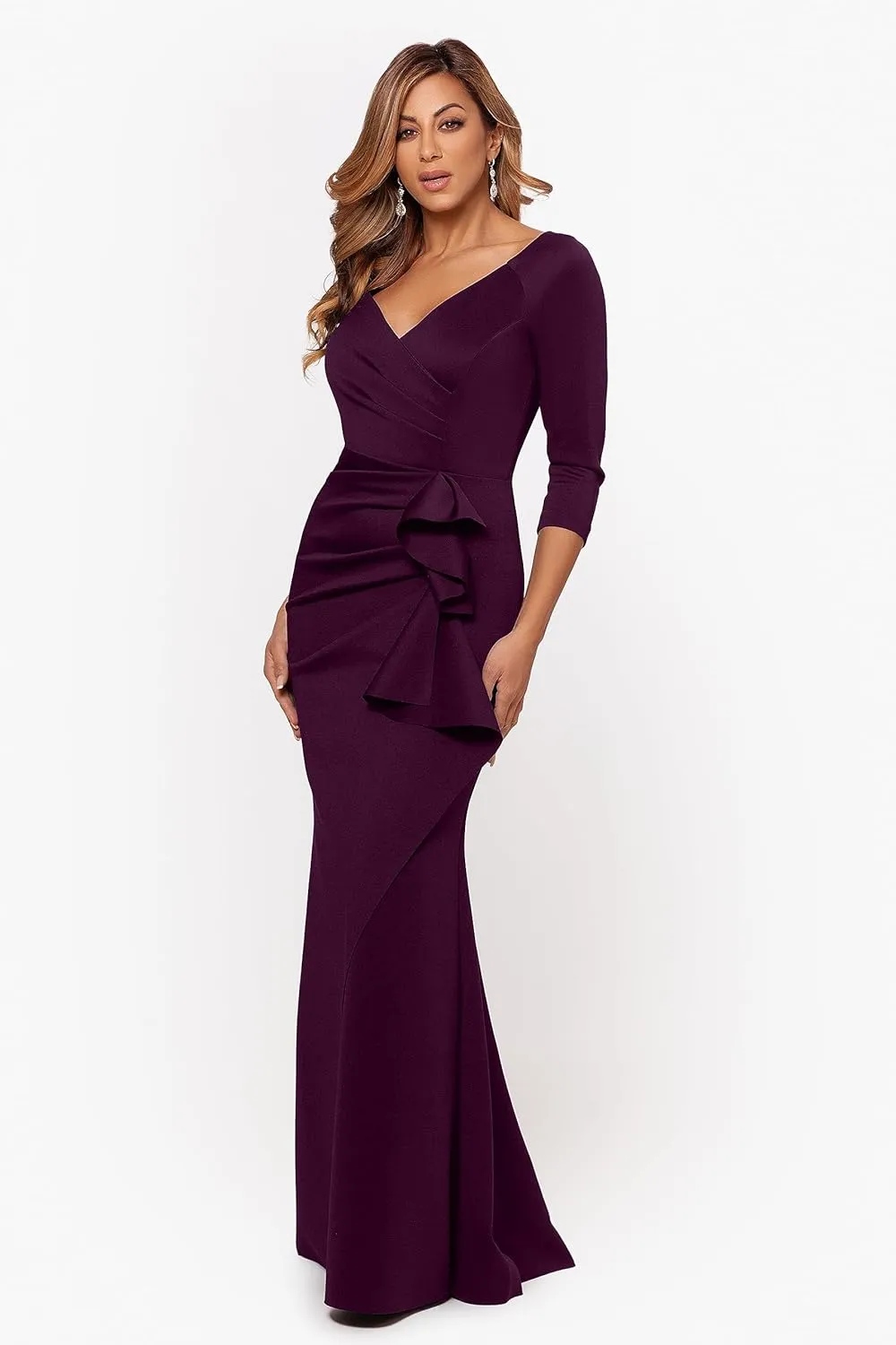 Xscape Women's Long 3/4 Sleeve V-Neck Side Ruched Gown (Reg and Petite)