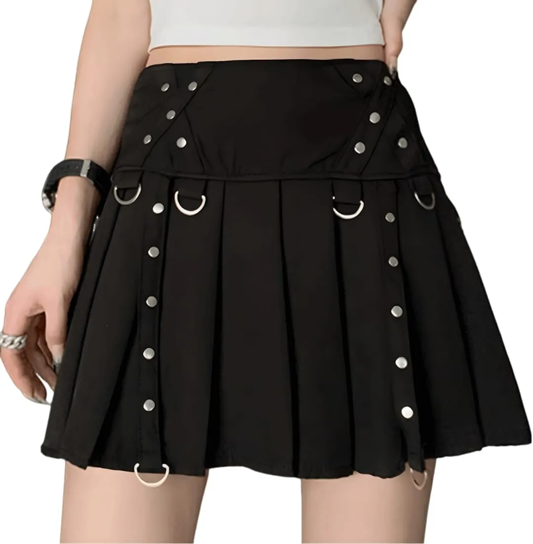 Y2K Gothic Kawaii Vintage Casual Style Zipper High Waisted Rivet Trim Ribbon Black Pleated Skirt for Women
