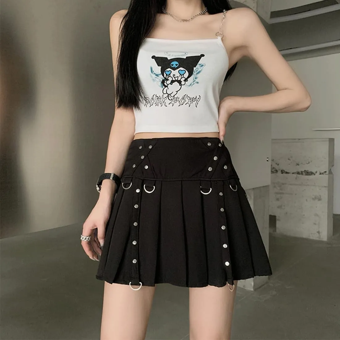 Y2K Gothic Kawaii Vintage Casual Style Zipper High Waisted Rivet Trim Ribbon Black Pleated Skirt for Women