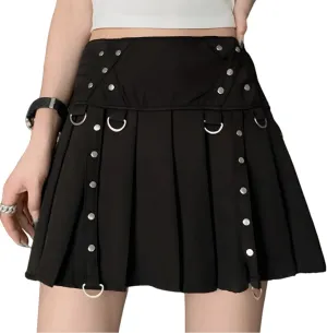 Y2K Gothic Kawaii Vintage Casual Style Zipper High Waisted Rivet Trim Ribbon Black Pleated Skirt for Women