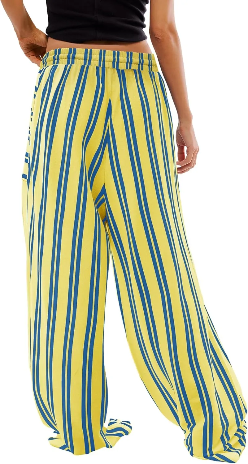 Yanekop Womens Striped Pants Casual Long Pants Wide Leg Lounge Pants with Pockets Loose Trousers High Waist Drawstring
