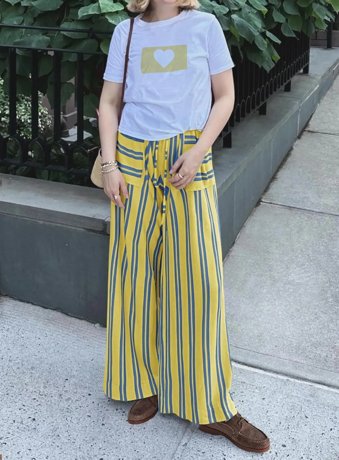 Yanekop Womens Striped Pants Casual Long Pants Wide Leg Lounge Pants with Pockets Loose Trousers High Waist Drawstring