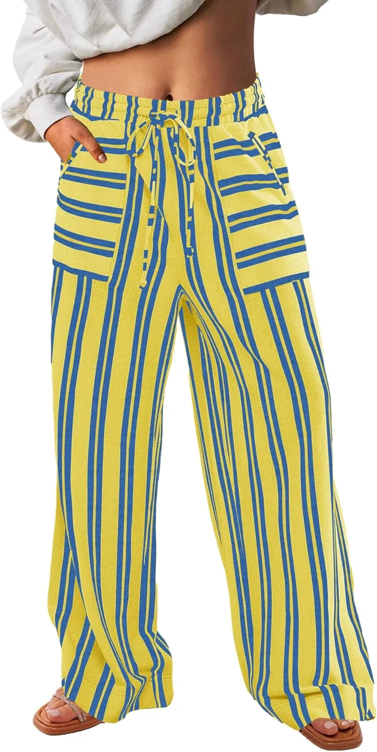 Yanekop Womens Striped Pants Casual Long Pants Wide Leg Lounge Pants with Pockets Loose Trousers High Waist Drawstring