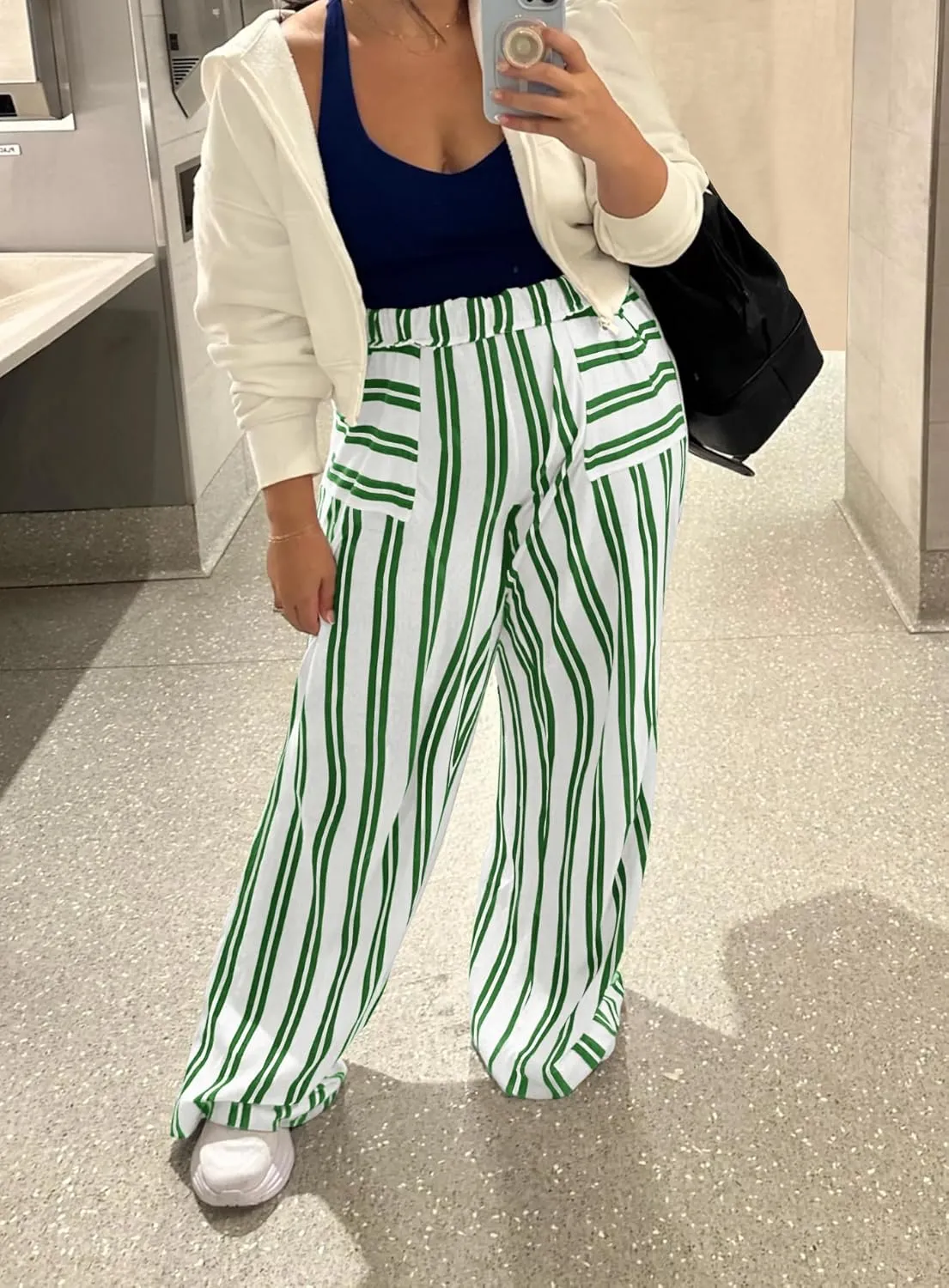 Yanekop Womens Striped Pants Casual Long Pants Wide Leg Lounge Pants with Pockets Loose Trousers High Waist Drawstring