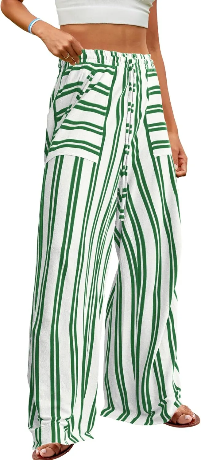Yanekop Womens Striped Pants Casual Long Pants Wide Leg Lounge Pants with Pockets Loose Trousers High Waist Drawstring
