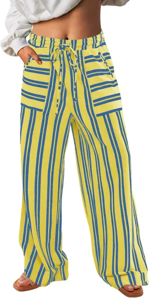 Yanekop Womens Striped Pants Casual Long Pants Wide Leg Lounge Pants with Pockets Loose Trousers High Waist Drawstring