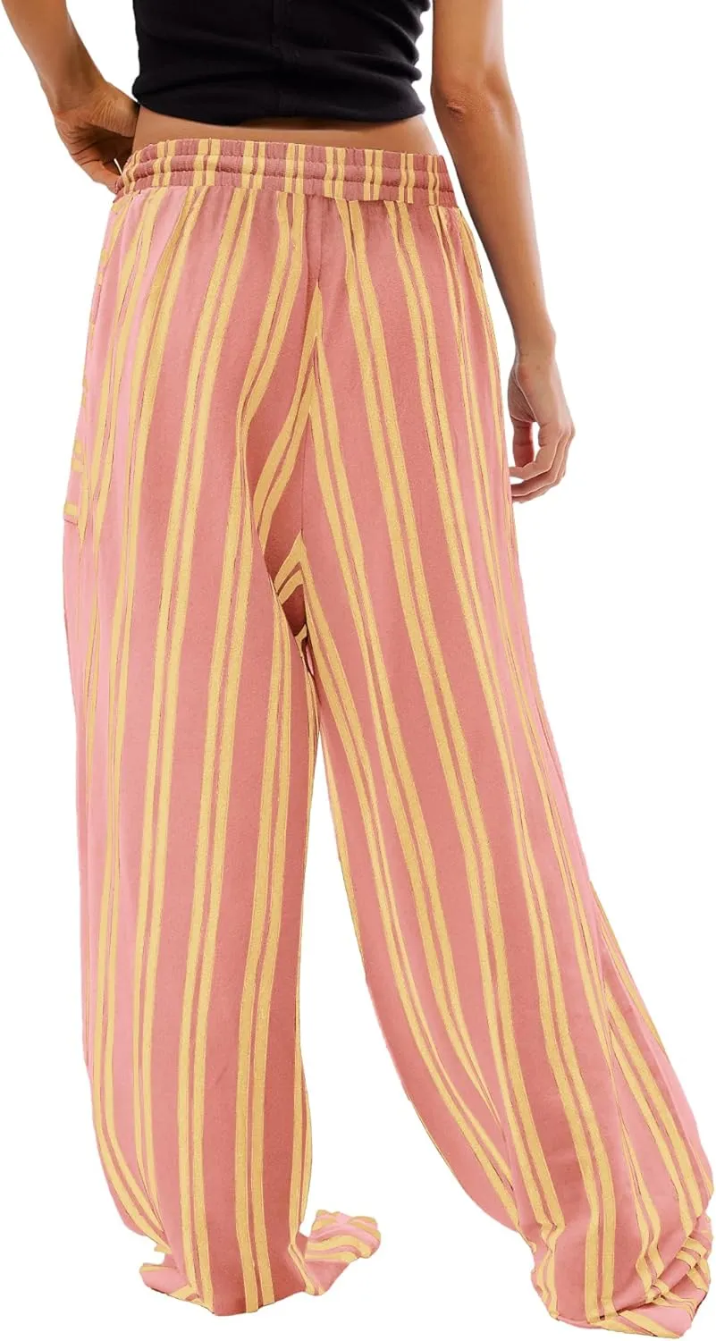 Yanekop Womens Striped Pants Casual Long Pants Wide Leg Lounge Pants with Pockets Loose Trousers High Waist Drawstring