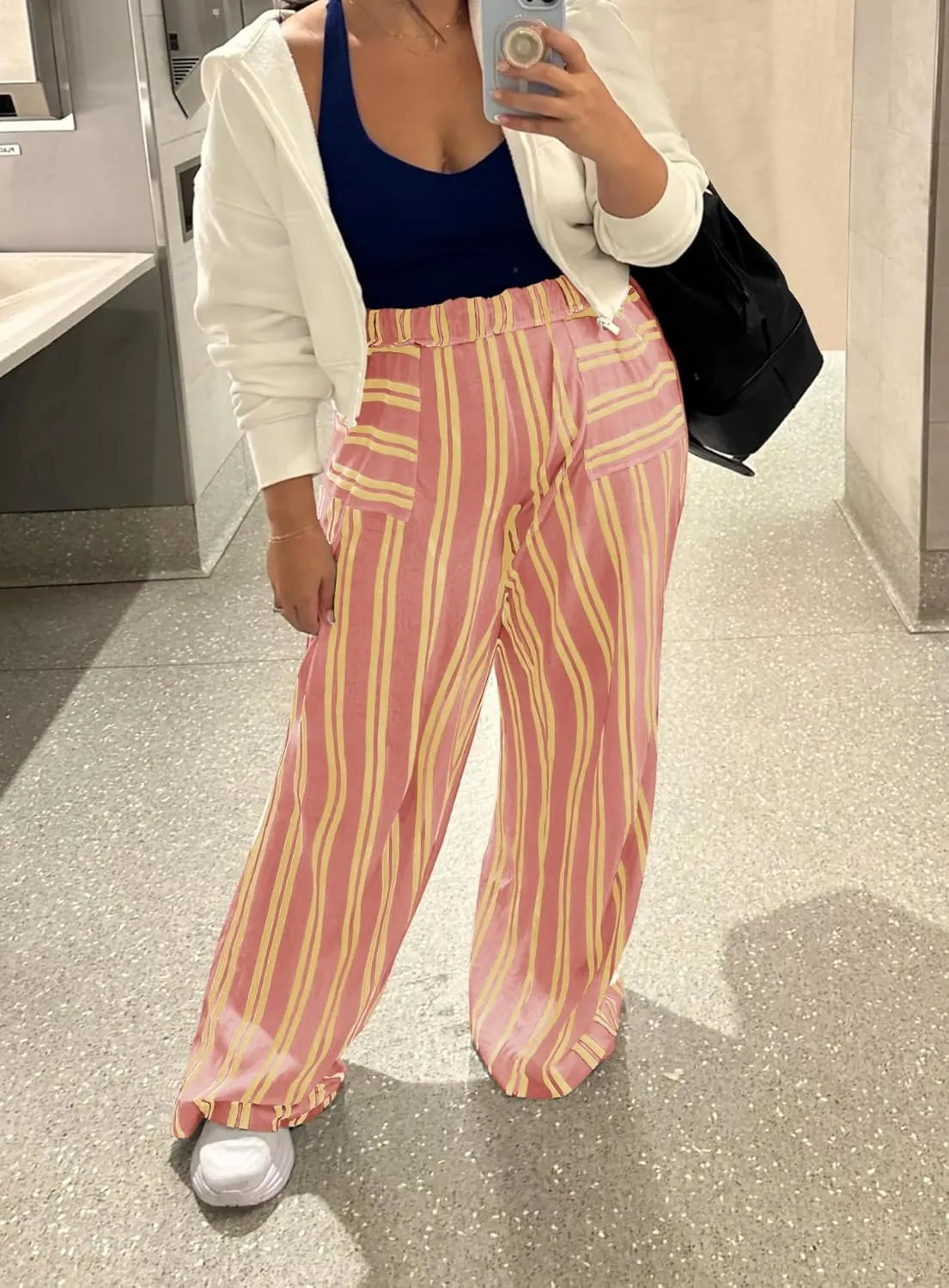 Yanekop Womens Striped Pants Casual Long Pants Wide Leg Lounge Pants with Pockets Loose Trousers High Waist Drawstring