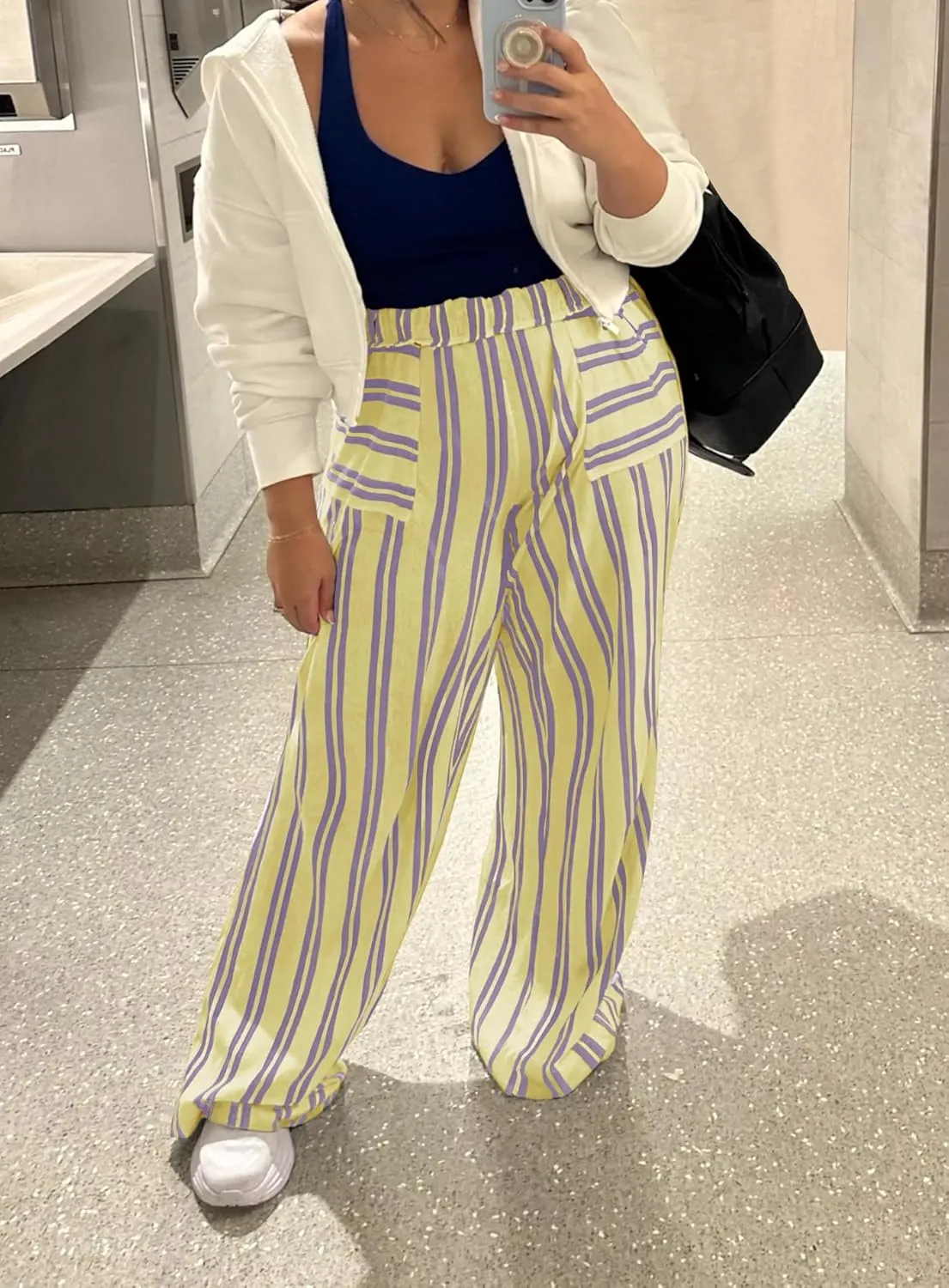 Yanekop Womens Striped Pants Casual Long Pants Wide Leg Lounge Pants with Pockets Loose Trousers High Waist Drawstring