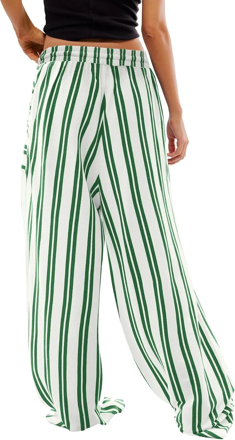 Yanekop Womens Striped Pants Casual Long Pants Wide Leg Lounge Pants with Pockets Loose Trousers High Waist Drawstring