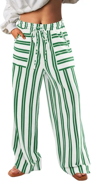 Yanekop Womens Striped Pants Casual Long Pants Wide Leg Lounge Pants with Pockets Loose Trousers High Waist Drawstring