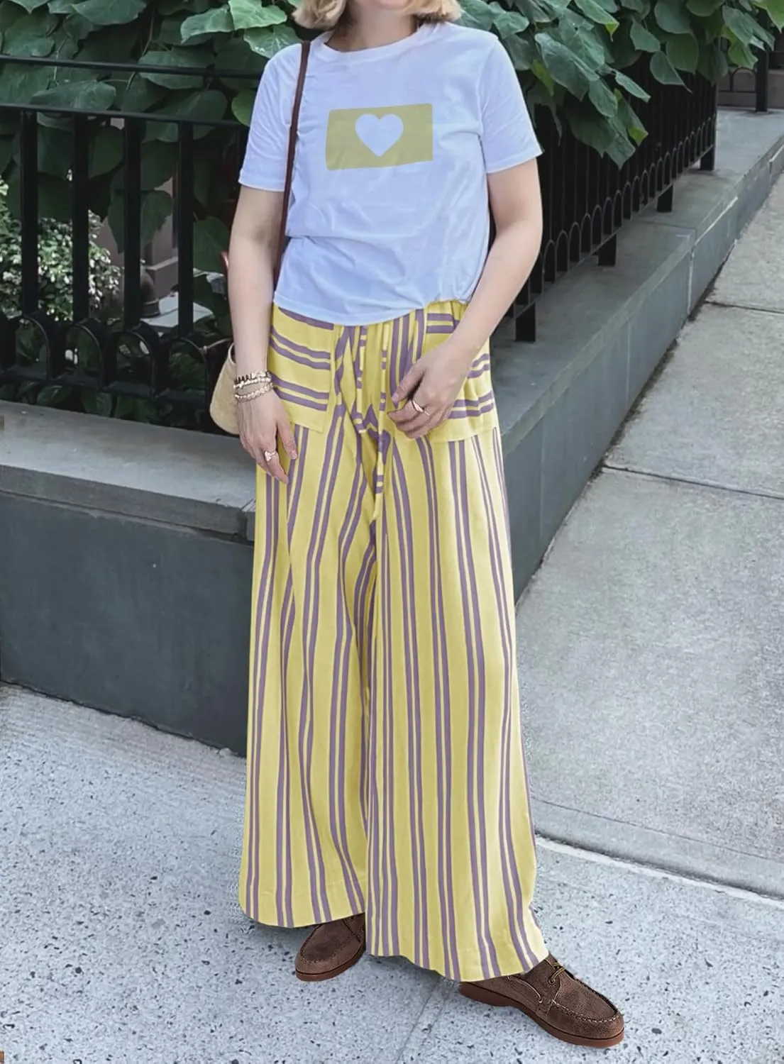 Yanekop Womens Striped Pants Casual Long Pants Wide Leg Lounge Pants with Pockets Loose Trousers High Waist Drawstring