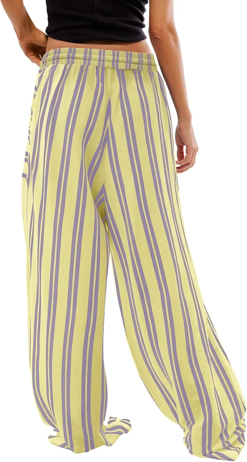 Yanekop Womens Striped Pants Casual Long Pants Wide Leg Lounge Pants with Pockets Loose Trousers High Waist Drawstring