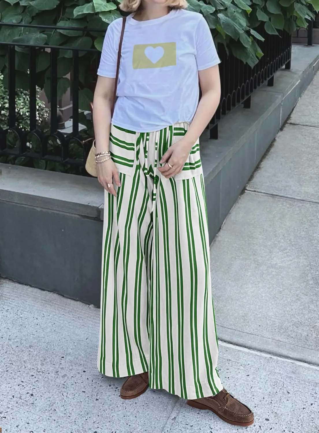 Yanekop Womens Striped Pants Casual Long Pants Wide Leg Lounge Pants with Pockets Loose Trousers High Waist Drawstring