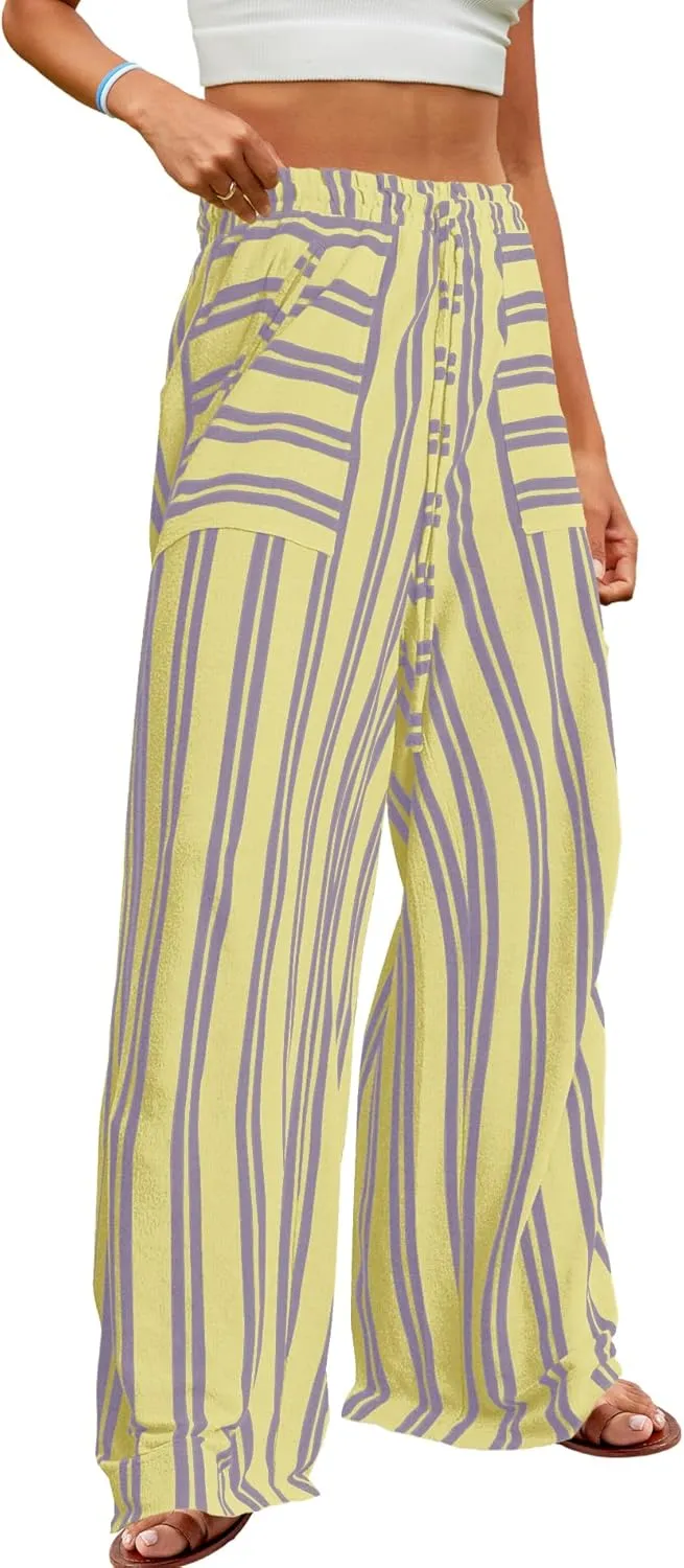 Yanekop Womens Striped Pants Casual Long Pants Wide Leg Lounge Pants with Pockets Loose Trousers High Waist Drawstring