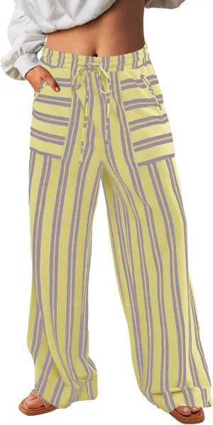 Yanekop Womens Striped Pants Casual Long Pants Wide Leg Lounge Pants with Pockets Loose Trousers High Waist Drawstring