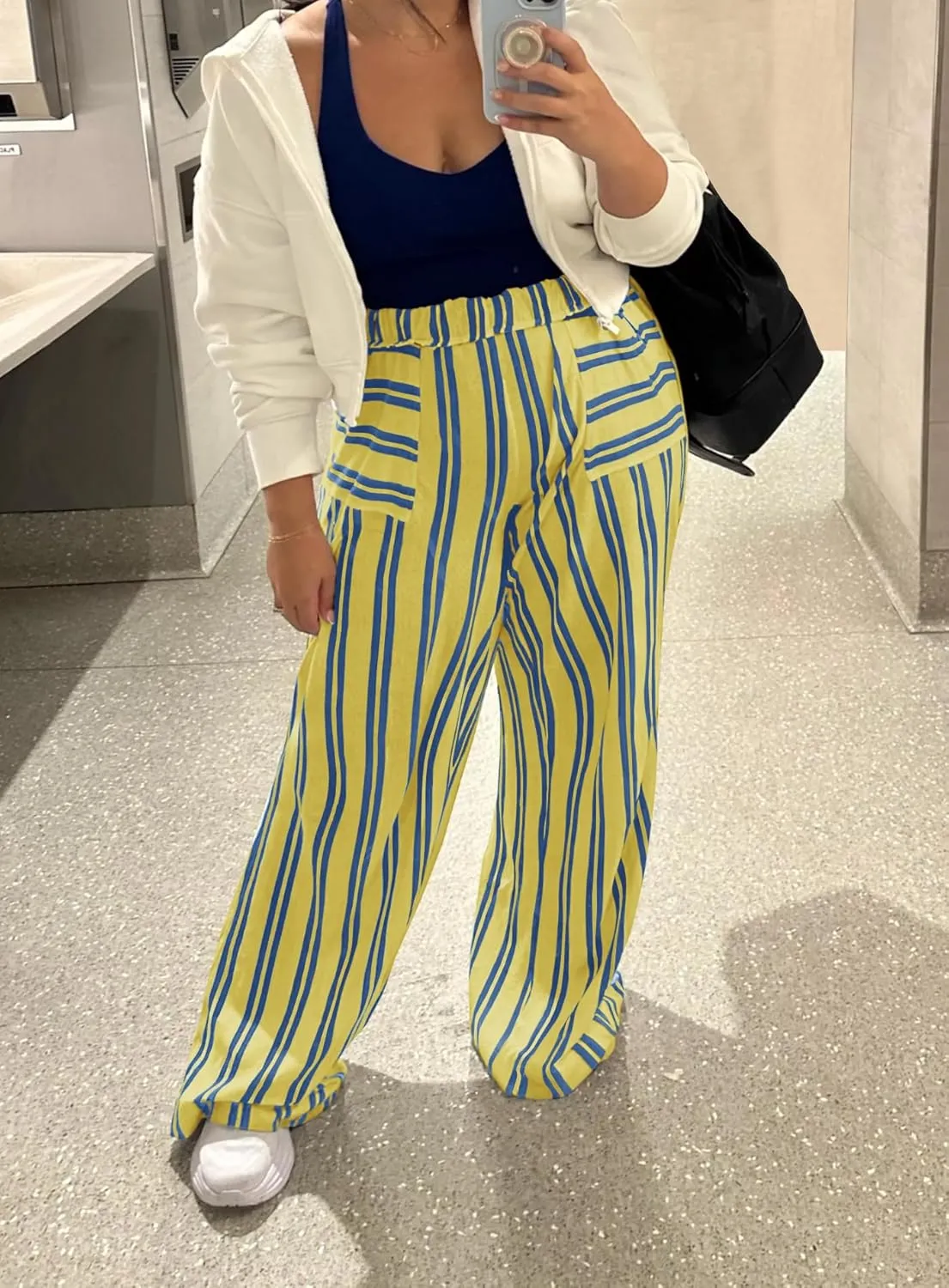 Yanekop Womens Striped Pants Casual Long Pants Wide Leg Lounge Pants with Pockets Loose Trousers High Waist Drawstring