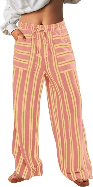 Yanekop Womens Striped Pants Casual Long Pants Wide Leg Lounge Pants with Pockets Loose Trousers High Waist Drawstring