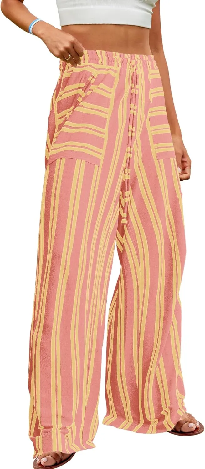 Yanekop Womens Striped Pants Casual Long Pants Wide Leg Lounge Pants with Pockets Loose Trousers High Waist Drawstring