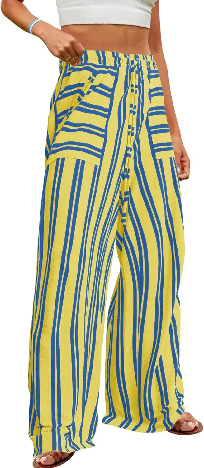 Yanekop Womens Striped Pants Casual Long Pants Wide Leg Lounge Pants with Pockets Loose Trousers High Waist Drawstring