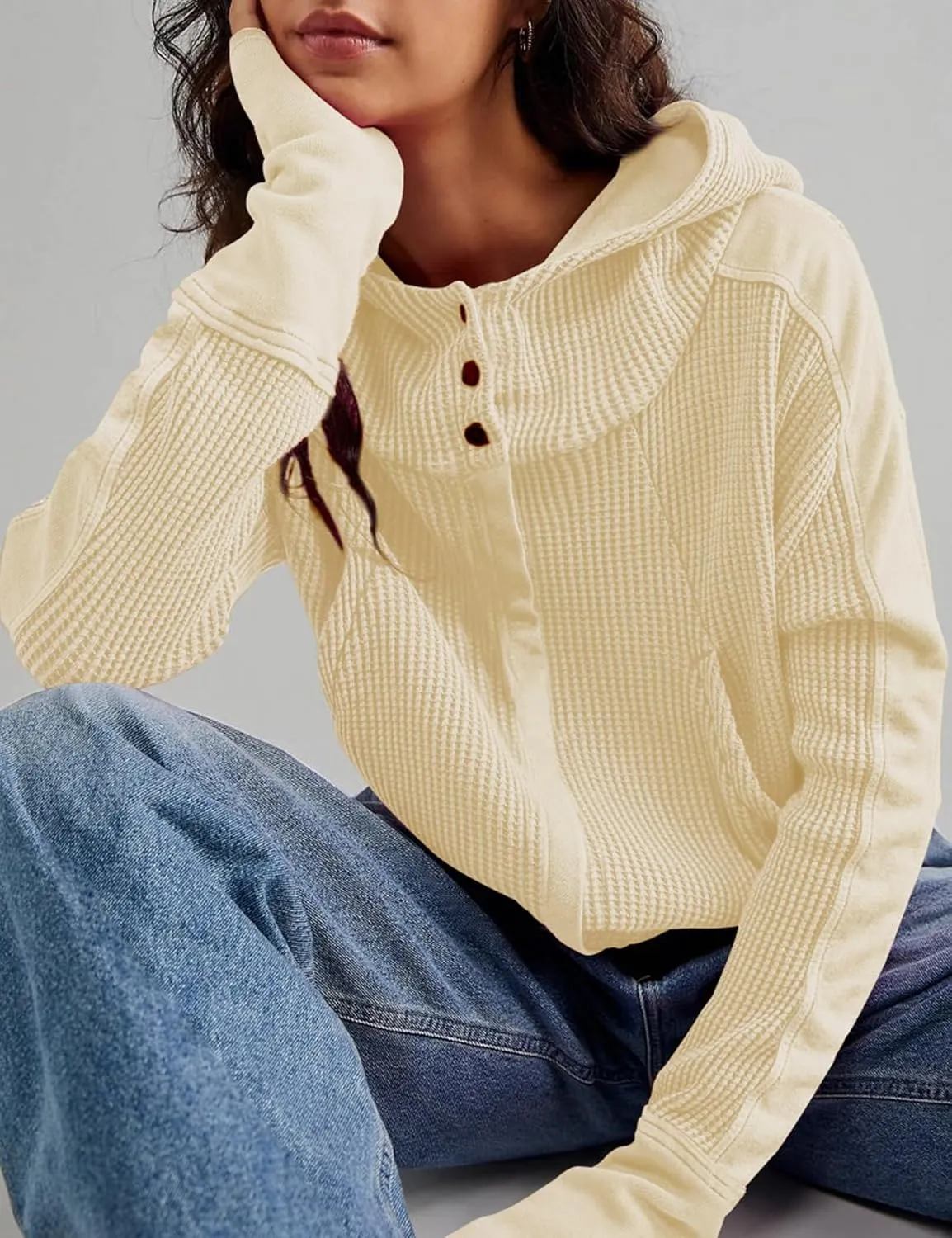 Yimoon Women's Waffle Knit Jacket Oversized Zip Up Hoodies Casual Long Sleeve Shacket Tops with Pocket