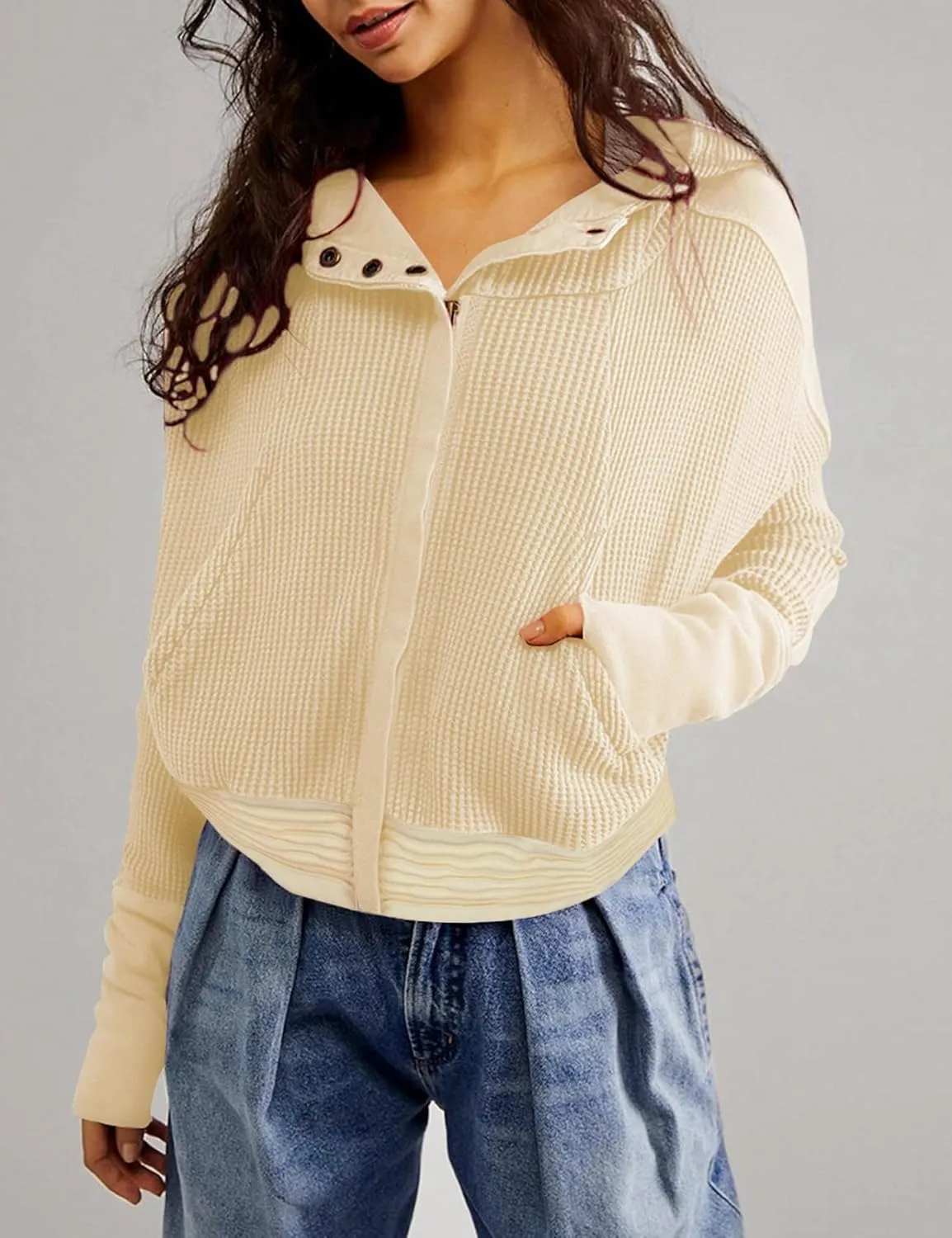 Yimoon Women's Waffle Knit Jacket Oversized Zip Up Hoodies Casual Long Sleeve Shacket Tops with Pocket
