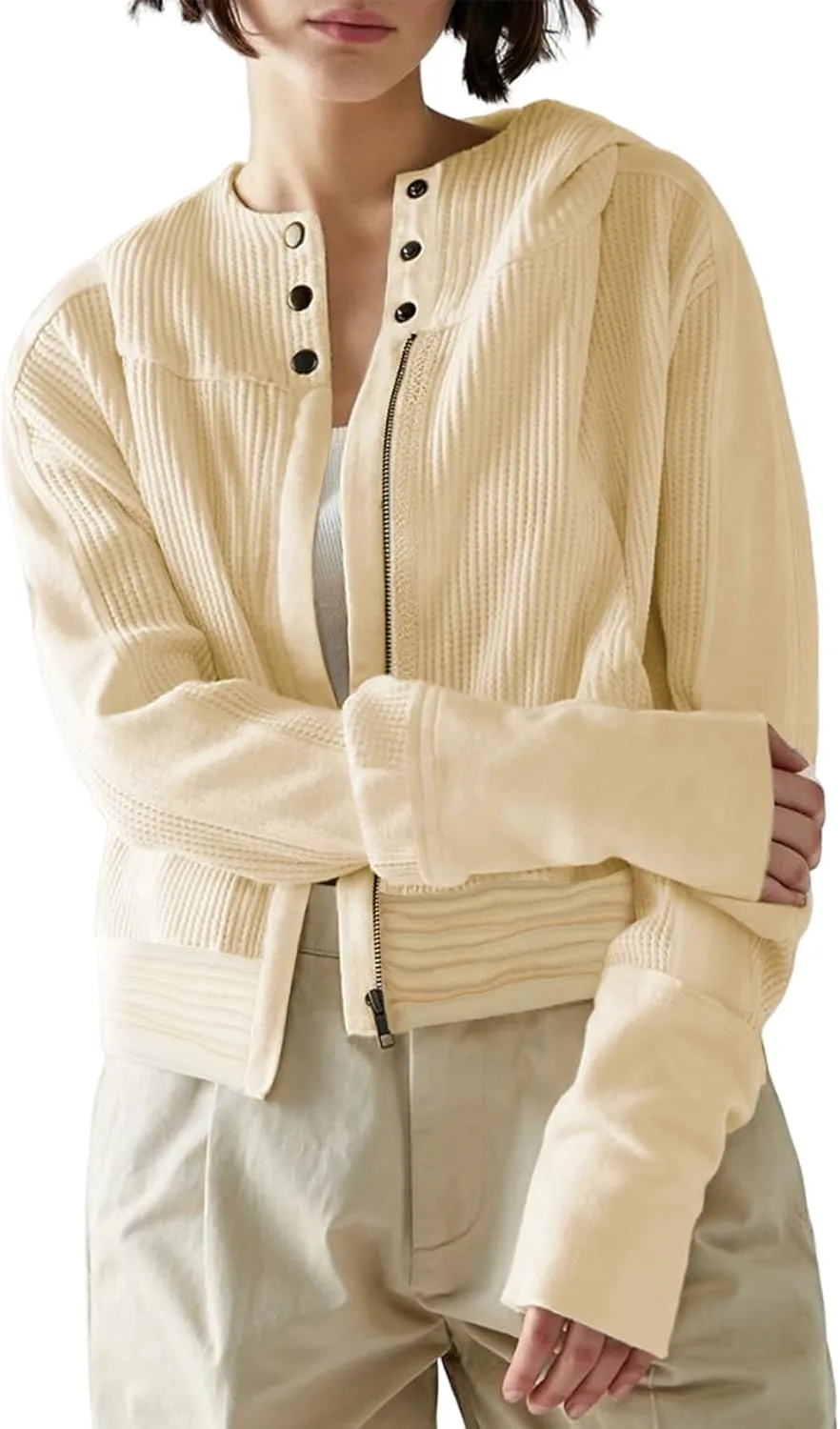 Yimoon Women's Waffle Knit Jacket Oversized Zip Up Hoodies Casual Long Sleeve Shacket Tops with Pocket