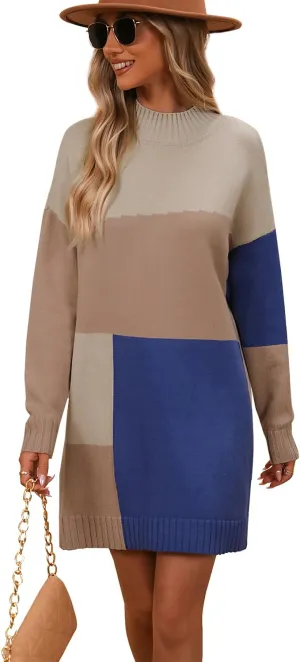yoeasy Women's Color Block Knit Tunic Sweater Dress Crew Neck Long Sleeve Mini Tunic Pullover Sweater