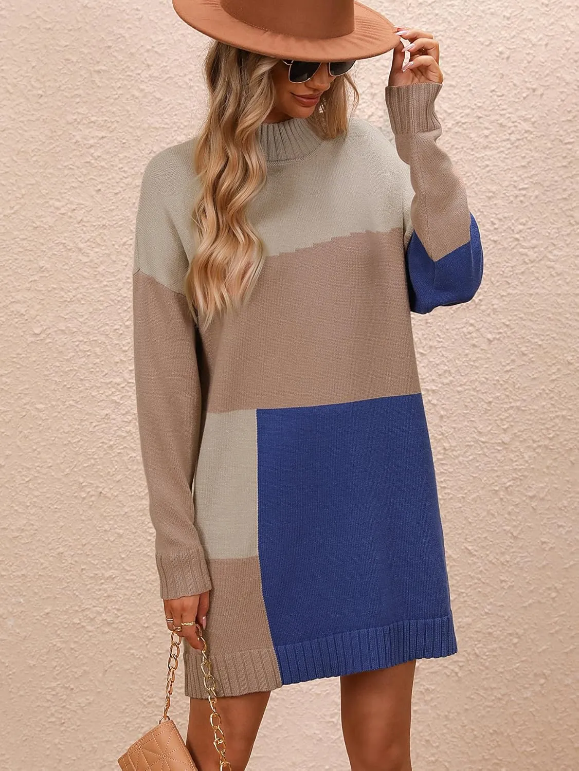yoeasy Women's Color Block Knit Tunic Sweater Dress Crew Neck Long Sleeve Mini Tunic Pullover Sweater