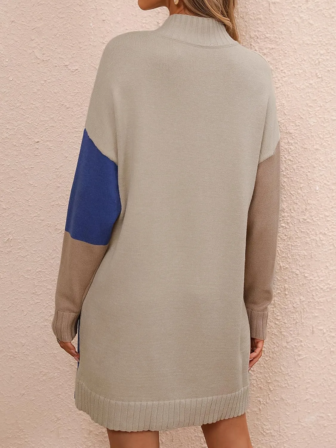 yoeasy Women's Color Block Knit Tunic Sweater Dress Crew Neck Long Sleeve Mini Tunic Pullover Sweater