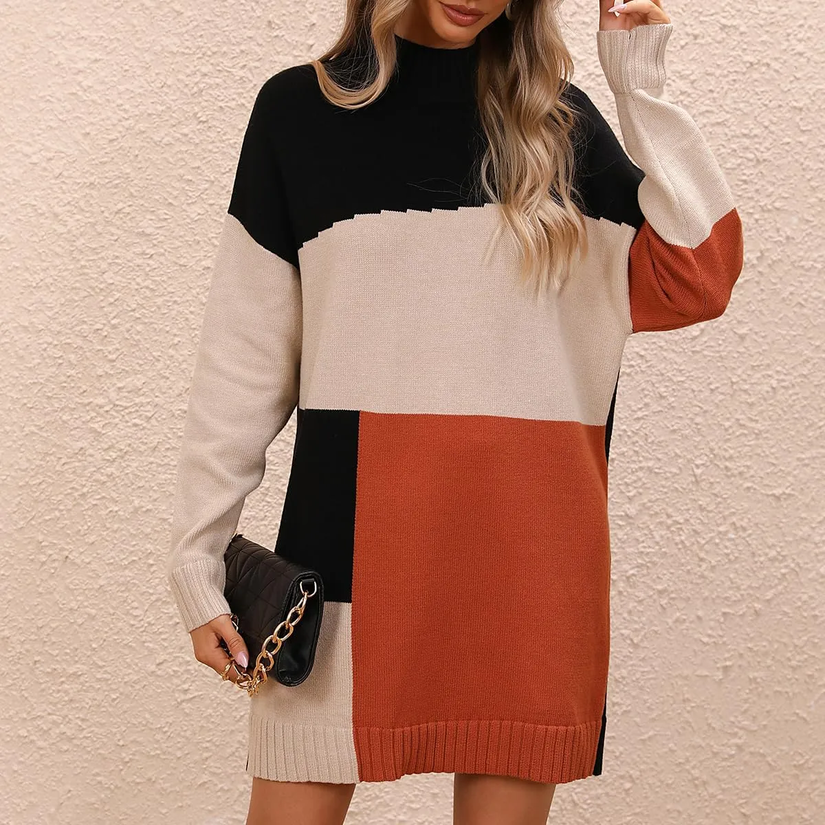 yoeasy Women's Color Block Knit Tunic Sweater Dress Crew Neck Long Sleeve Mini Tunic Pullover Sweater