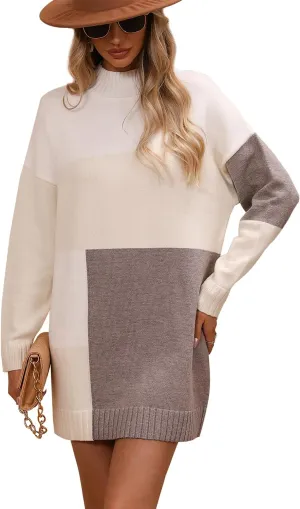 yoeasy Women's Color Block Knit Tunic Sweater Dress Crew Neck Long Sleeve Mini Tunic Pullover Sweater