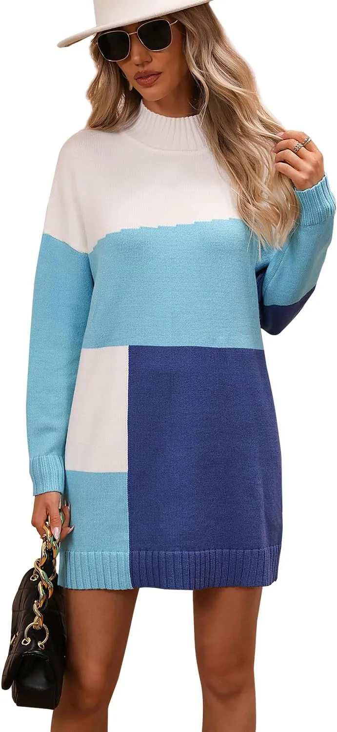 yoeasy Women's Color Block Knit Tunic Sweater Dress Crew Neck Long Sleeve Mini Tunic Pullover Sweater