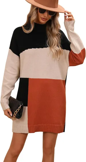 yoeasy Women's Color Block Knit Tunic Sweater Dress Crew Neck Long Sleeve Mini Tunic Pullover Sweater