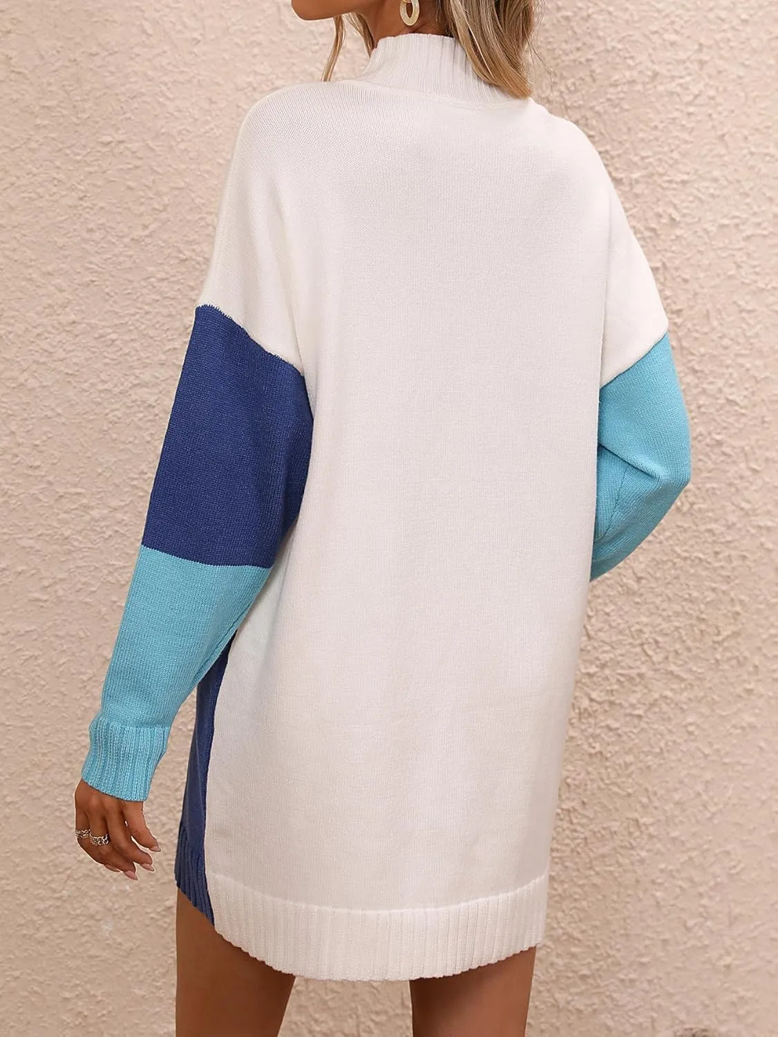 yoeasy Women's Color Block Knit Tunic Sweater Dress Crew Neck Long Sleeve Mini Tunic Pullover Sweater