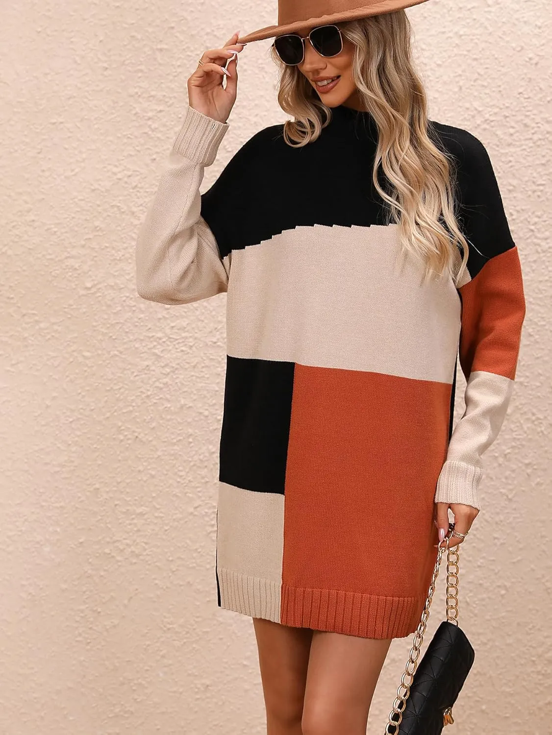 yoeasy Women's Color Block Knit Tunic Sweater Dress Crew Neck Long Sleeve Mini Tunic Pullover Sweater