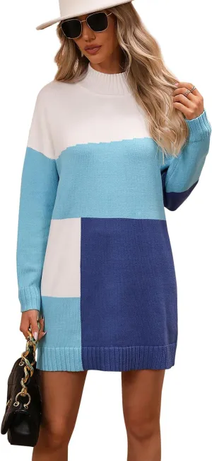 yoeasy Women's Color Block Knit Tunic Sweater Dress Crew Neck Long Sleeve Mini Tunic Pullover Sweater