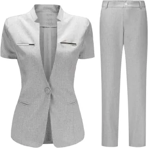 YUNCLOS Women's 2 Piece Business Office Suit Set One Button Short Sleeve Blazer Jacket and Suit Pants