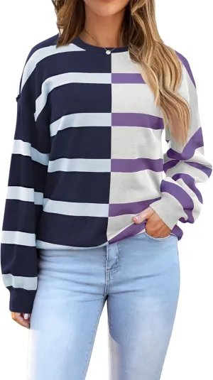 Zeagoo Womens Striped Oversized Sweater 2024 Crew Neck Long Sleeve Knitted Color Block Casual Loose Pullover Top
