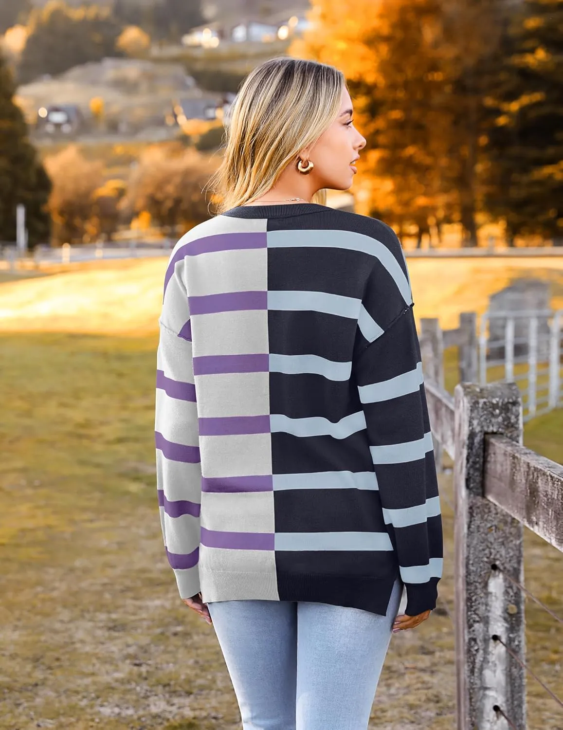 Zeagoo Womens Striped Oversized Sweater 2024 Crew Neck Long Sleeve Knitted Color Block Casual Loose Pullover Top